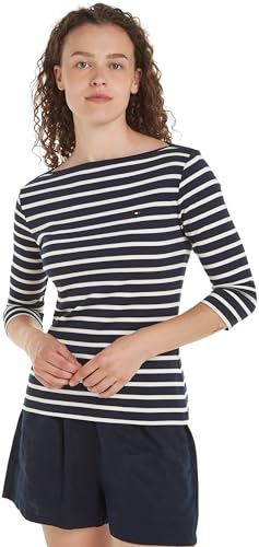 Tommy Hilfiger Women's Slim Boat Neck Long Sleeve Shirt, Multicolored (Breton Desert Sky/Ecru), on Sale